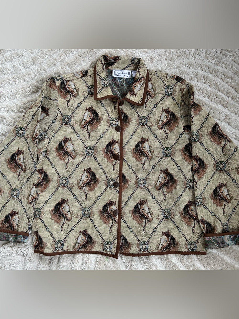 Sara Studio Horse Tapestry Jacket with Button Front Jacket and Brown Trim